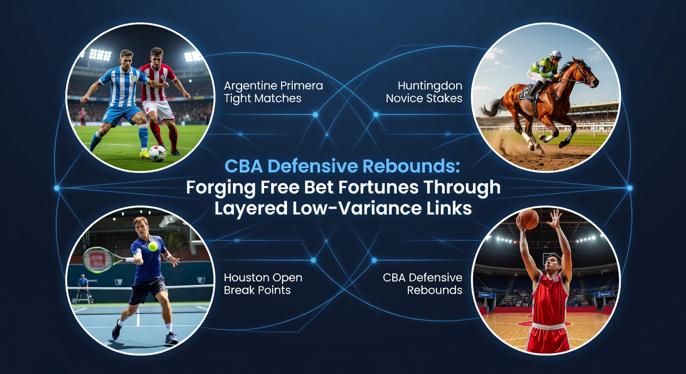 Collage of Argentine soccer pitch action, Huntingdon racecourse jumps, Houston tennis clay court rally, and CBA basketball rebound battle, illustrating low-risk betting links