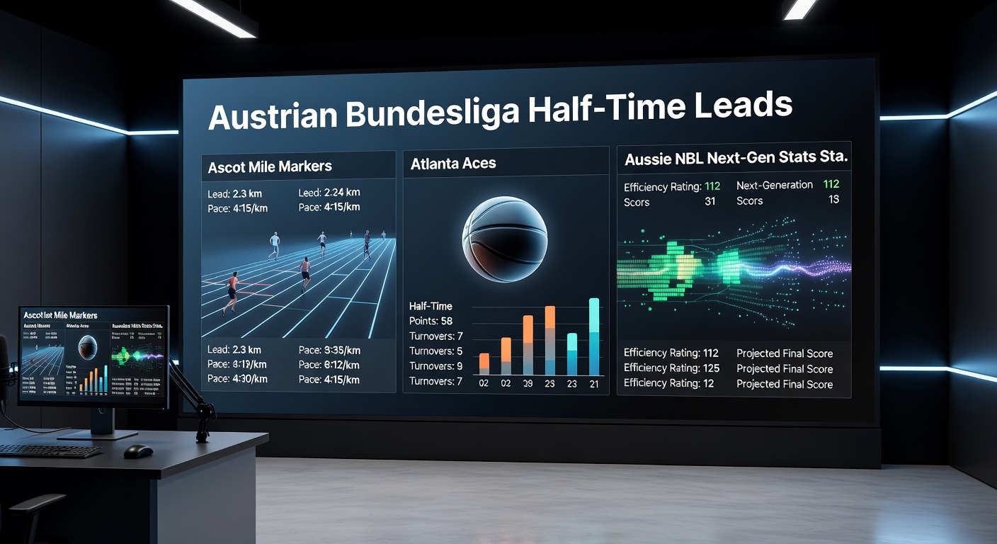 Close-up of a tennis player serving an ace at the Atlanta Open, with speed radar showing 130mph, framed against Ascot jockeys eyeing mile posts and NBL stat overlays