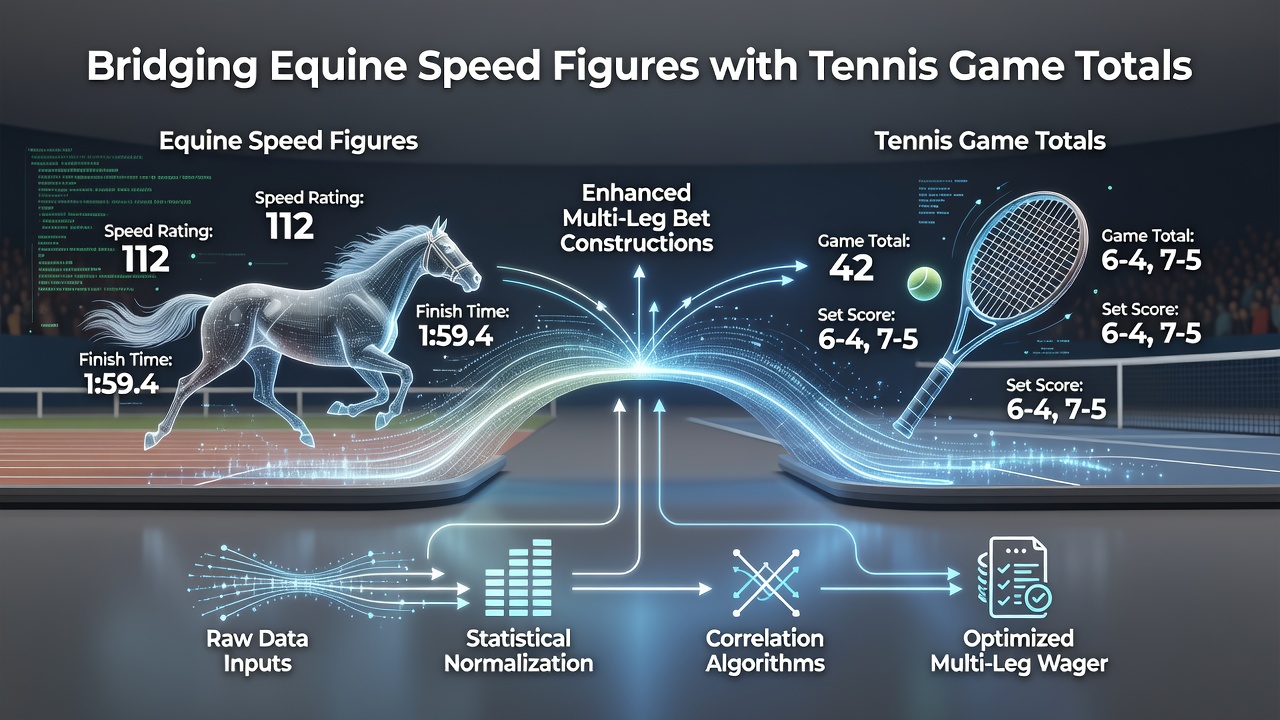 Infographic illustrating multi-leg bet construction flow from horse racing speed data to tennis totals using account credits