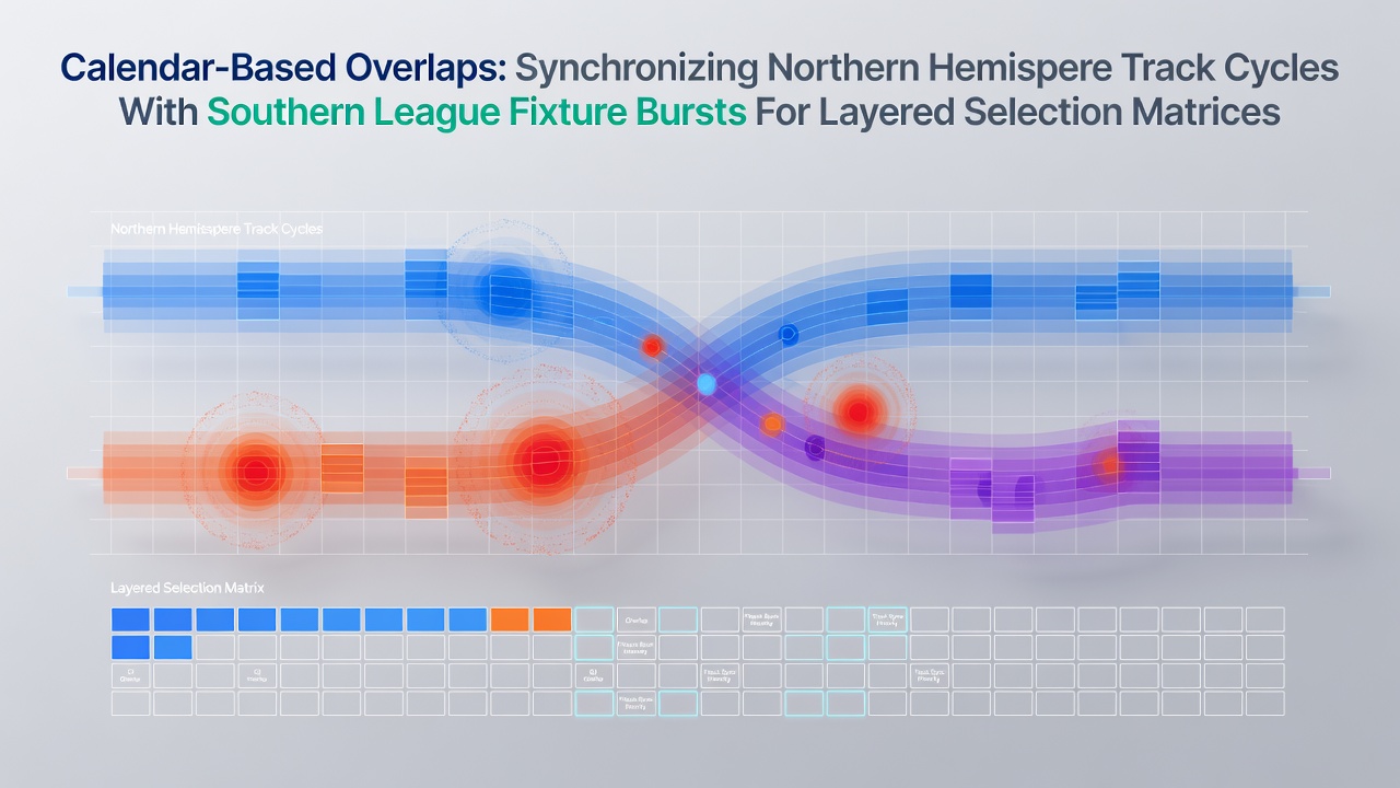 Calendar synchronization diagram showing Northern Hemisphere racing cycles aligned with Southern Hemisphere league fixtures across seasonal timelines