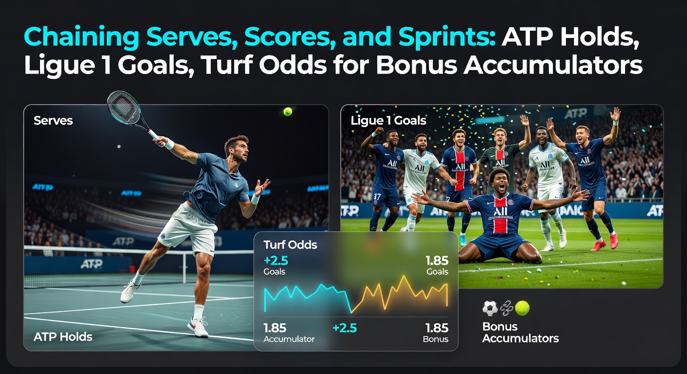 Tennis player serving on clay court during ATP match, overlaid with Ligue 1 goal celebration and horse sprinting on turf track