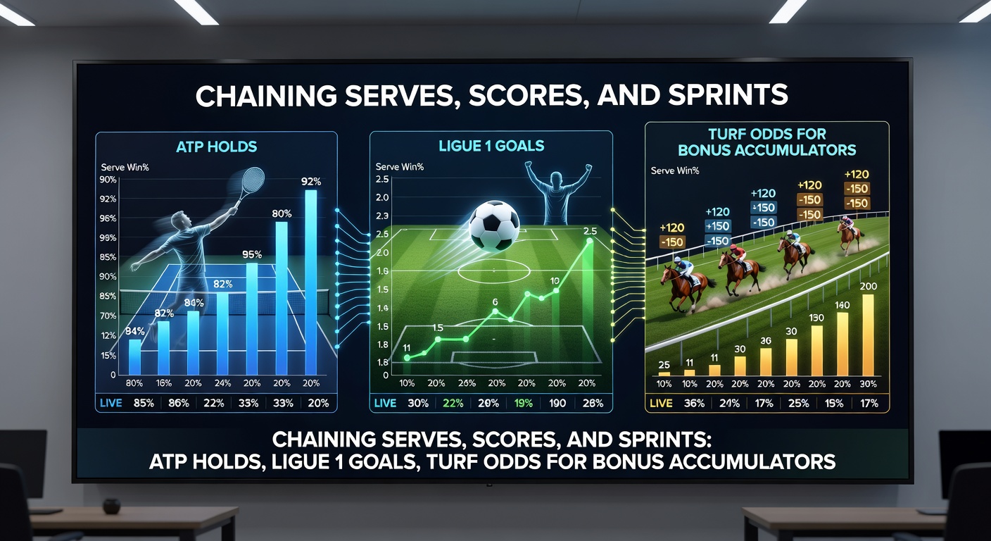 Horse racing sprinter charging down turf straight, with ATP scoreboard and Ligue 1 goal net in split background