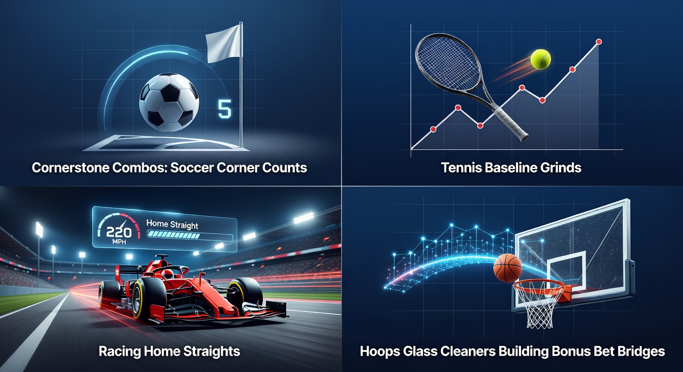 Collage of soccer corners, tennis baseline rallies, horse racing finish lines, and basketball rebounds illustrating combo betting strategies