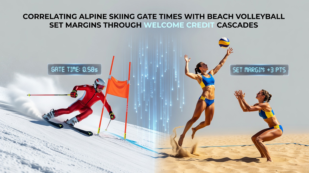 Alpine skier navigating gates beside beach volleyball action on a split screen graphic