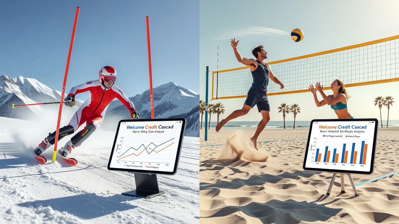 Data visualization chart overlaying skiing gate times and volleyball set margins with betting credit flow arrows