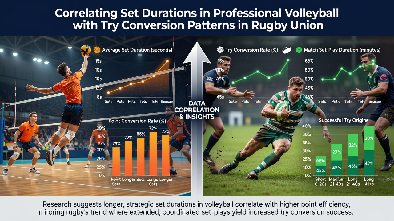 Data visualization charts comparing volleyball rally lengths and rugby conversion success rates