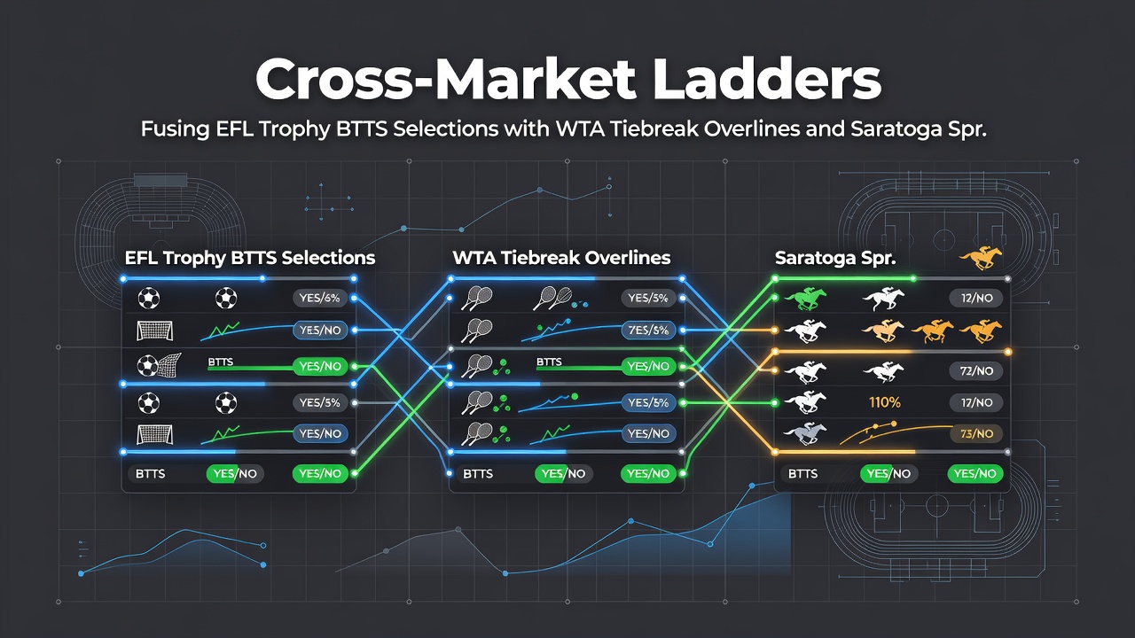 Layered betting sequence illustration with soccer BTTS, tennis tiebreak totals and horse racing sprint odds connected via bonus multipliers