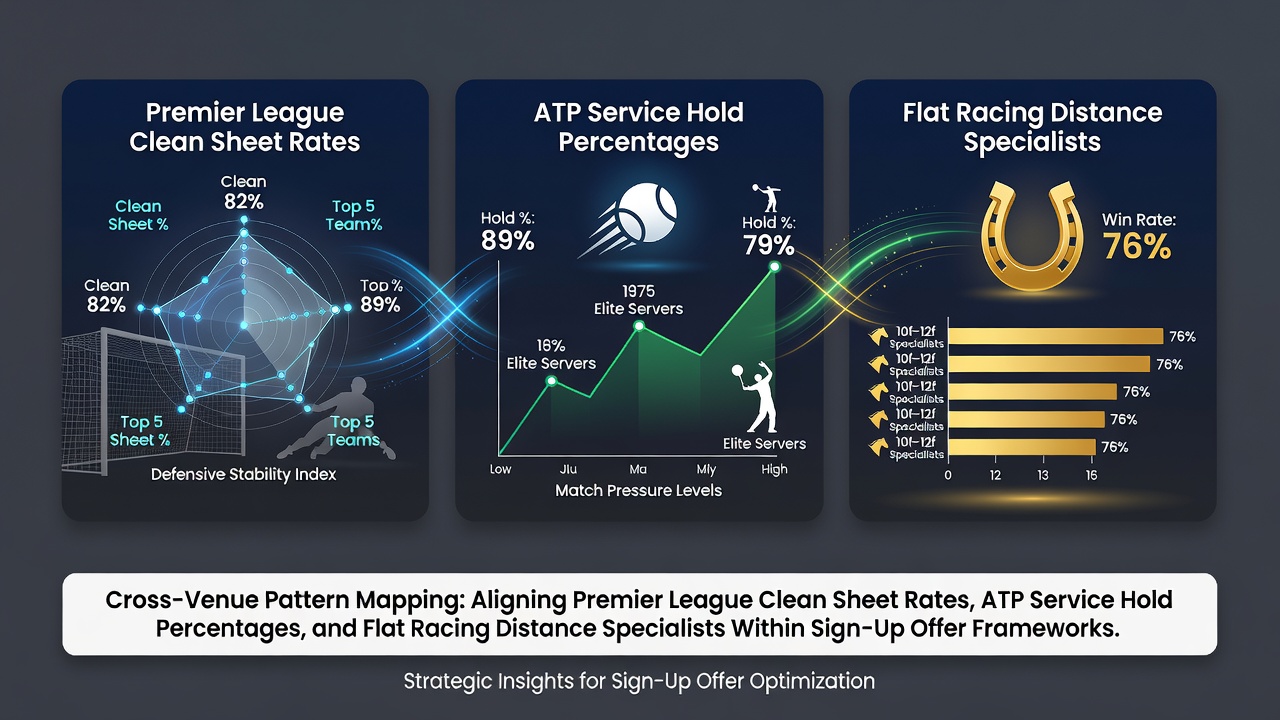 Visual representation of cross-venue pattern mapping across Premier League, ATP tennis, and flat racing datasets integrated with sign-up bonus structures
