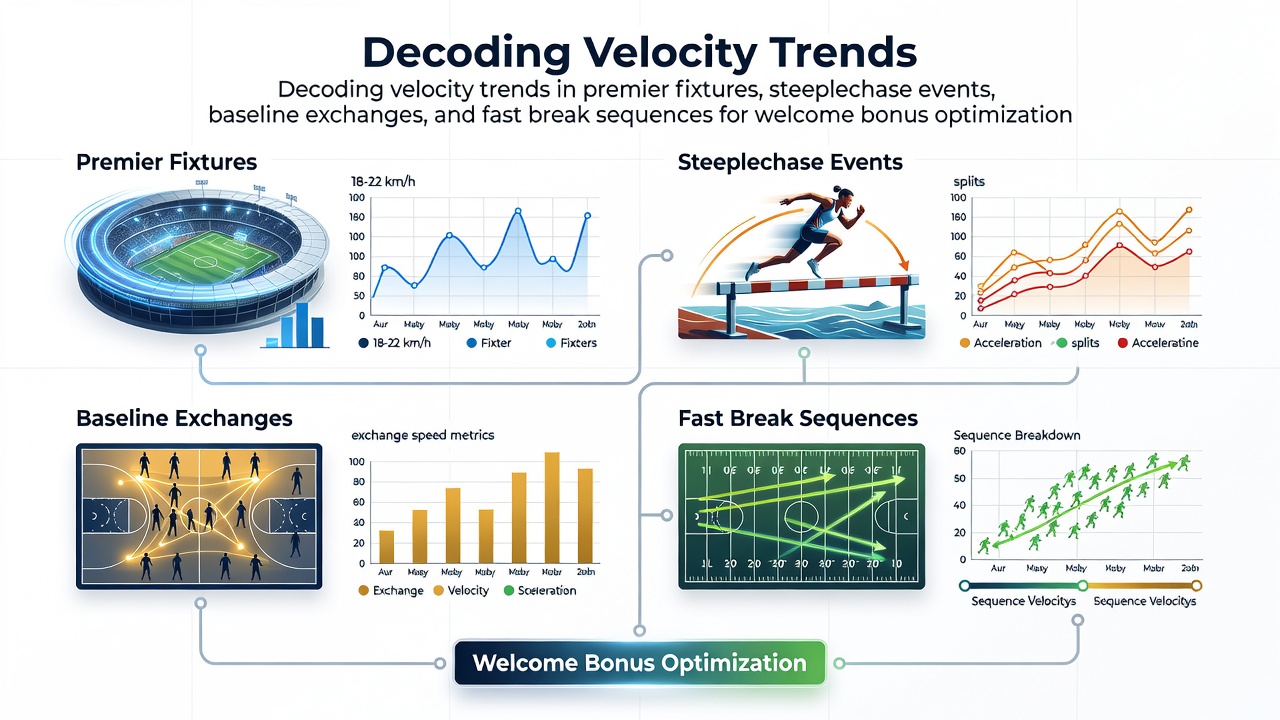 Velocity analysis chart showing speed trends across premier league matches, steeplechase races, tennis rallies, and basketball transitions