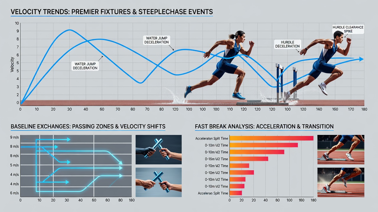 Side-by-side velocity graphs comparing steeplechase splits with basketball fast-break speeds and tennis rally movement