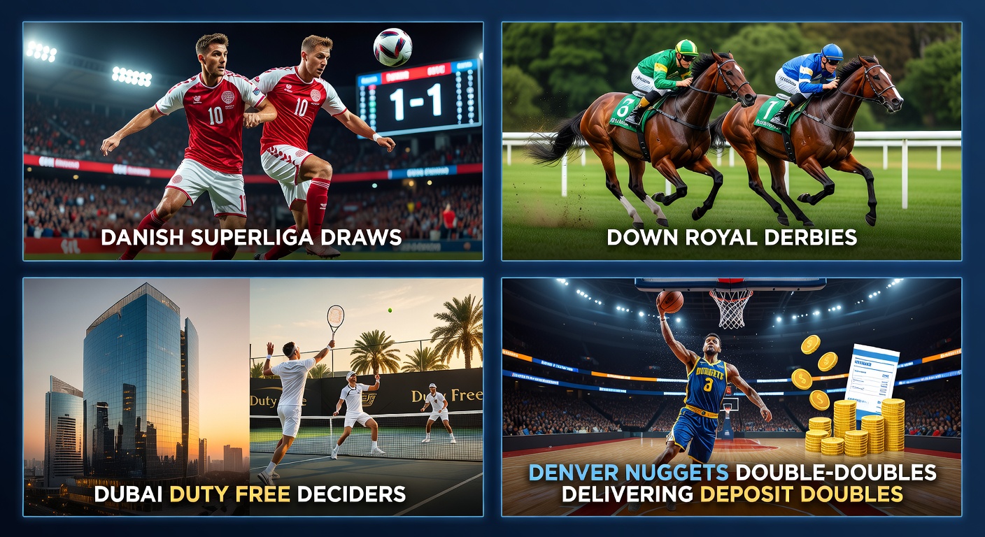 Collage of Danish Superliga action, Down Royal racecourse, Dubai Duty Free tennis court, and Denver Nuggets player posting a double-double
