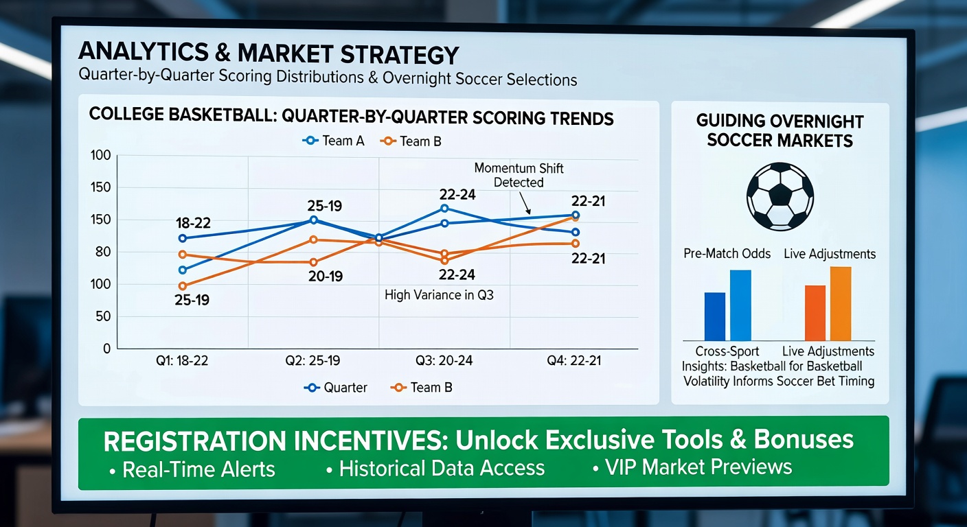 College basketball players competing on court with overlaid scoring distribution charts showing quarter-by-quarter breakdowns