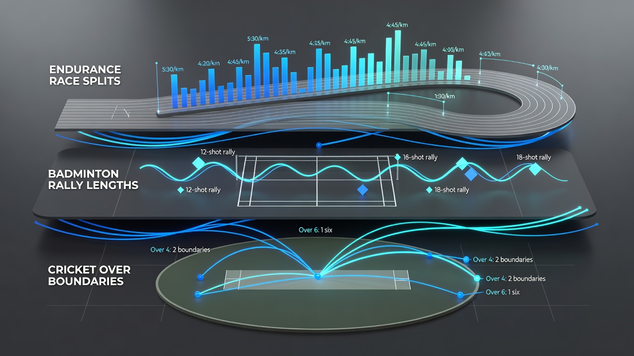 Cricket match boundary highlights combined with badminton rally footage and endurance timing charts