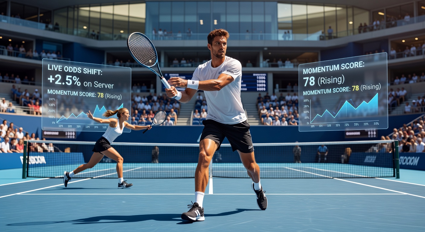 Tennis player celebrating a momentum-shifting point during a Grand Slam match, with live odds overlay visible on a betting interface