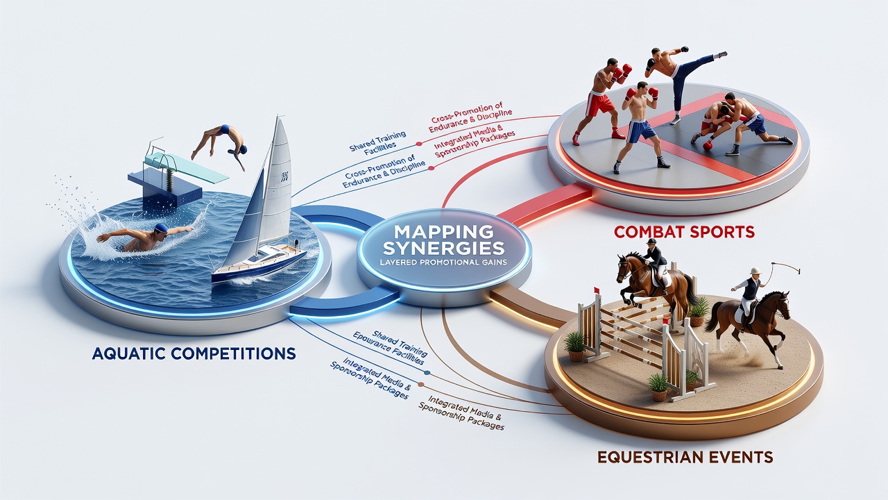 Overview of aquatic, combat, and equestrian sports event calendars showing overlapping promotional windows