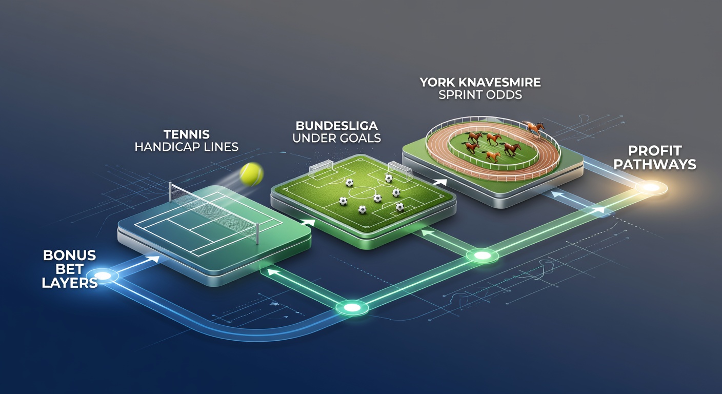 Dynamic scene blending a tennis handicap rally, a tight Bundesliga defensive stand, and horses charging down York's Knavesmire straight sprint