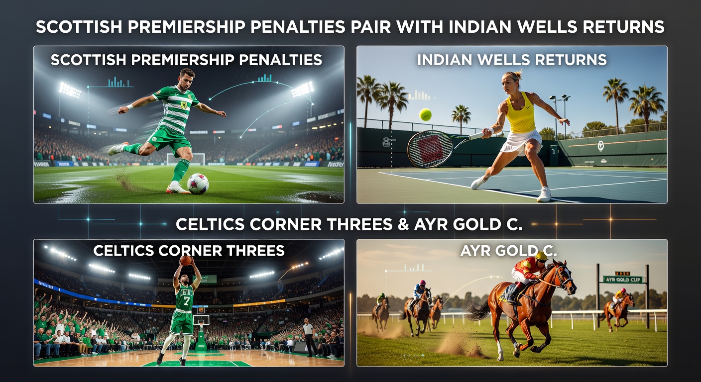 Betting slip graphic showing accumulator with Scottish soccer penalty, tennis returns, NBA threes, and horse racing closer overlaid on a vibrant sports montage