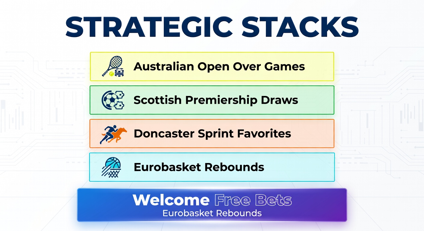 Tennis court action from Australian Open with overlay stats on over games, alongside soccer pitch draws, horse racing sprints, and basketball rebound plays