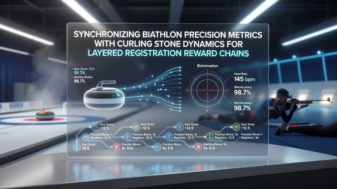 Biathlon shooting range and curling ice sheet side by side showing precision tools and stone paths