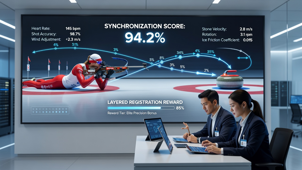 Data visualization overlay connecting biathlon target hits with curling stone trajectories on a digital dashboard