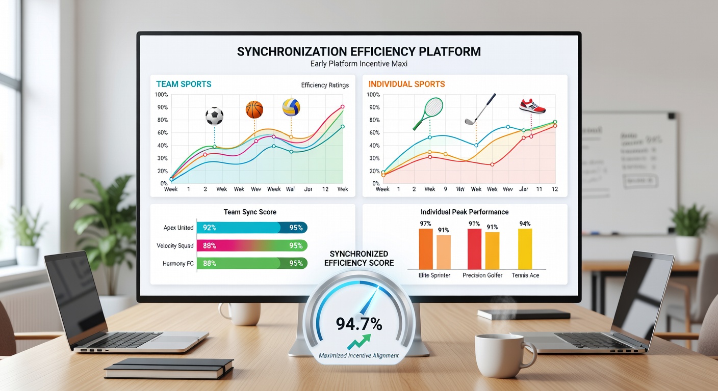 Dashboard screenshot displaying cross-sport efficiency synchronization tools with sample team and individual performance graphs