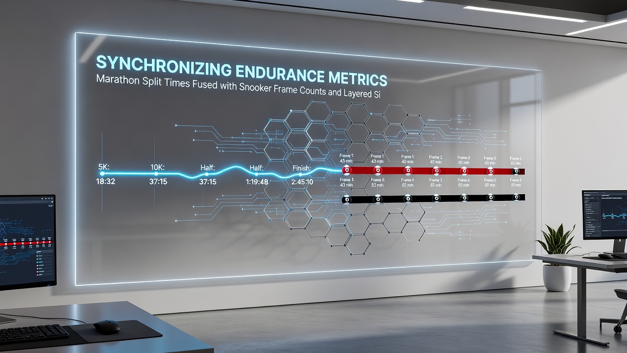 Digital interface displaying fused marathon split times adn snooker frame analytics with performance overlays