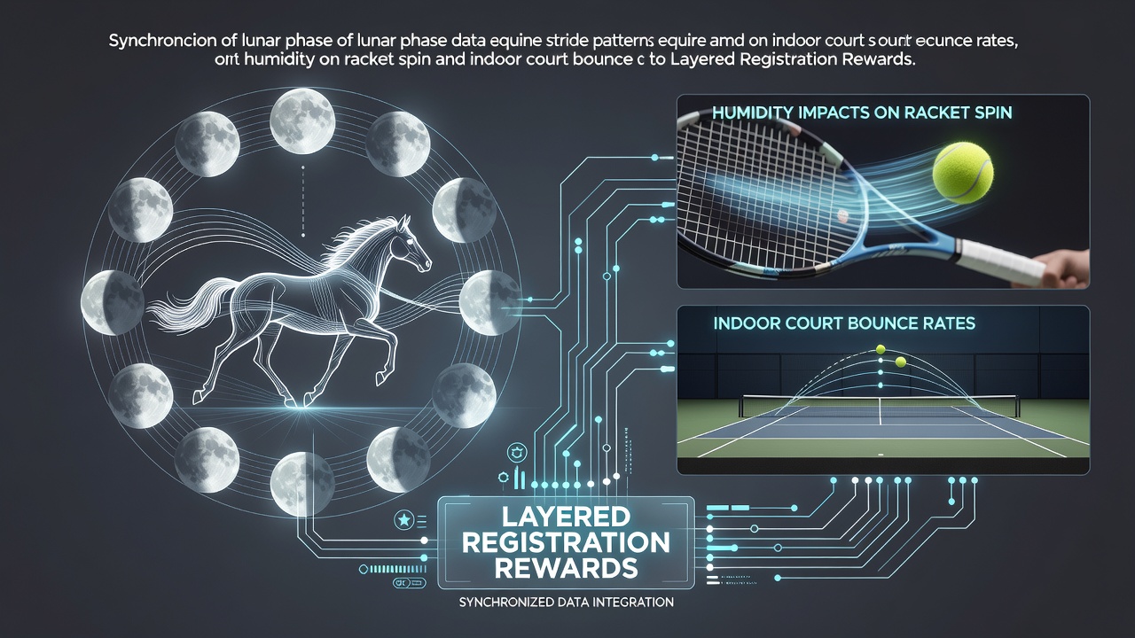 Data visualization showing lunar cycle charts overlaid with equine stride measurements and tennis court environmental readings