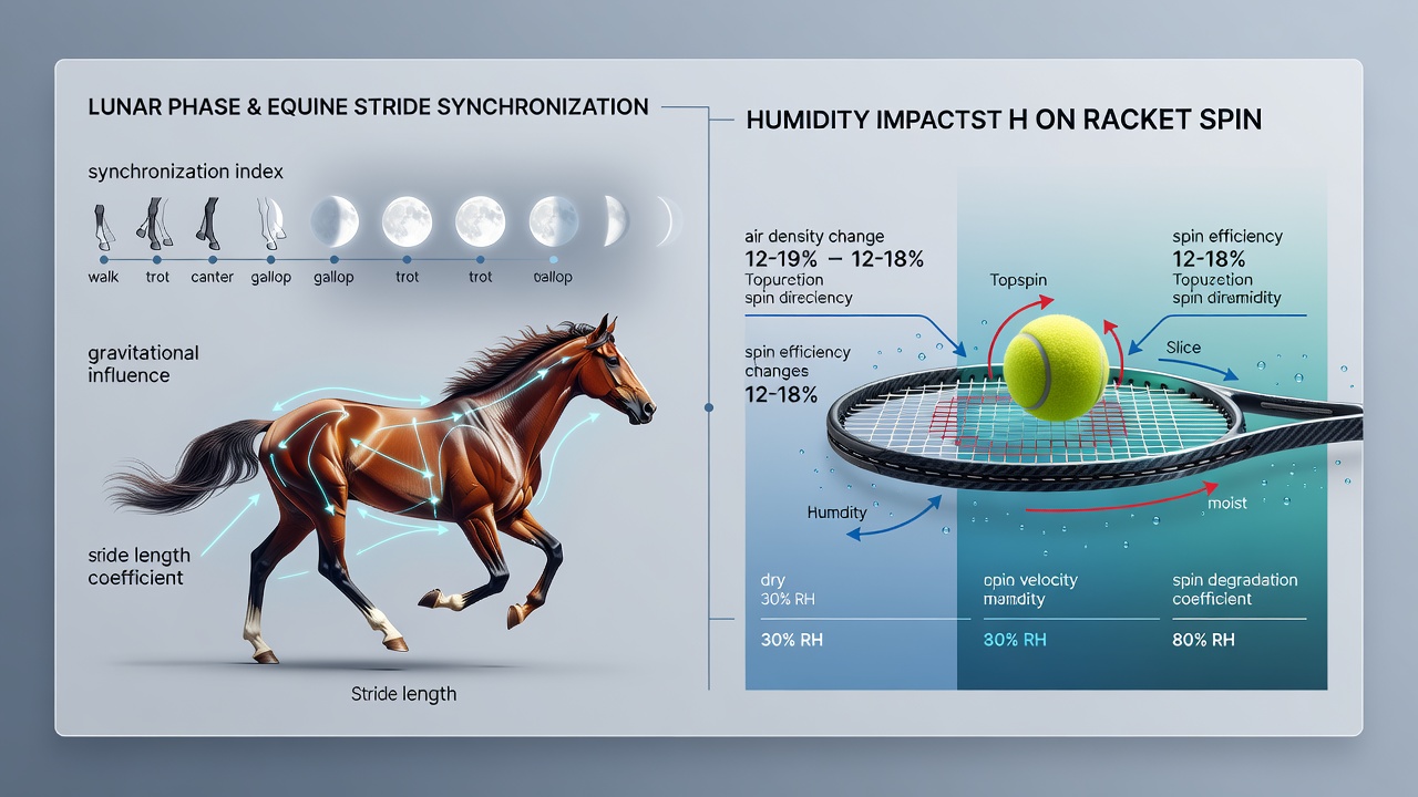 Indoor tennis court sensor array recording bounce rates next to environmental humidity gauges and data synchronization dashboard