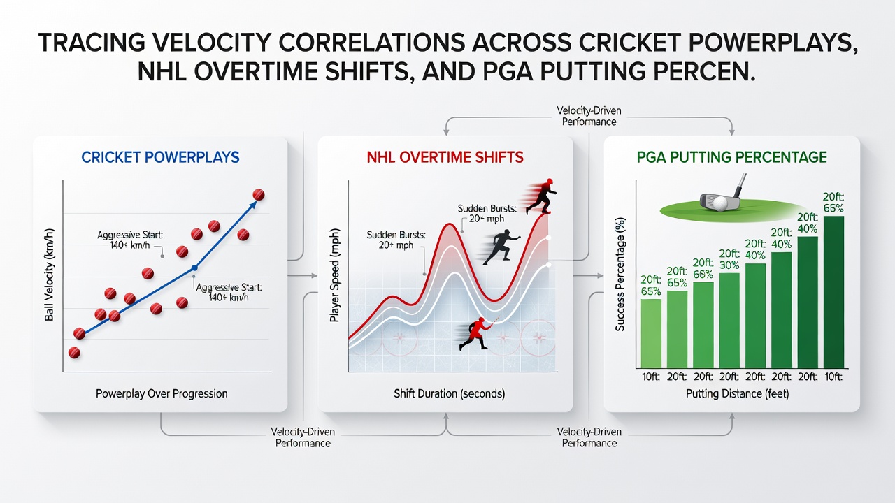 Correlation graph displaying velocity data points from cricket powerplays, NHL shifts, and PGA putts aligned for comparative analysis
