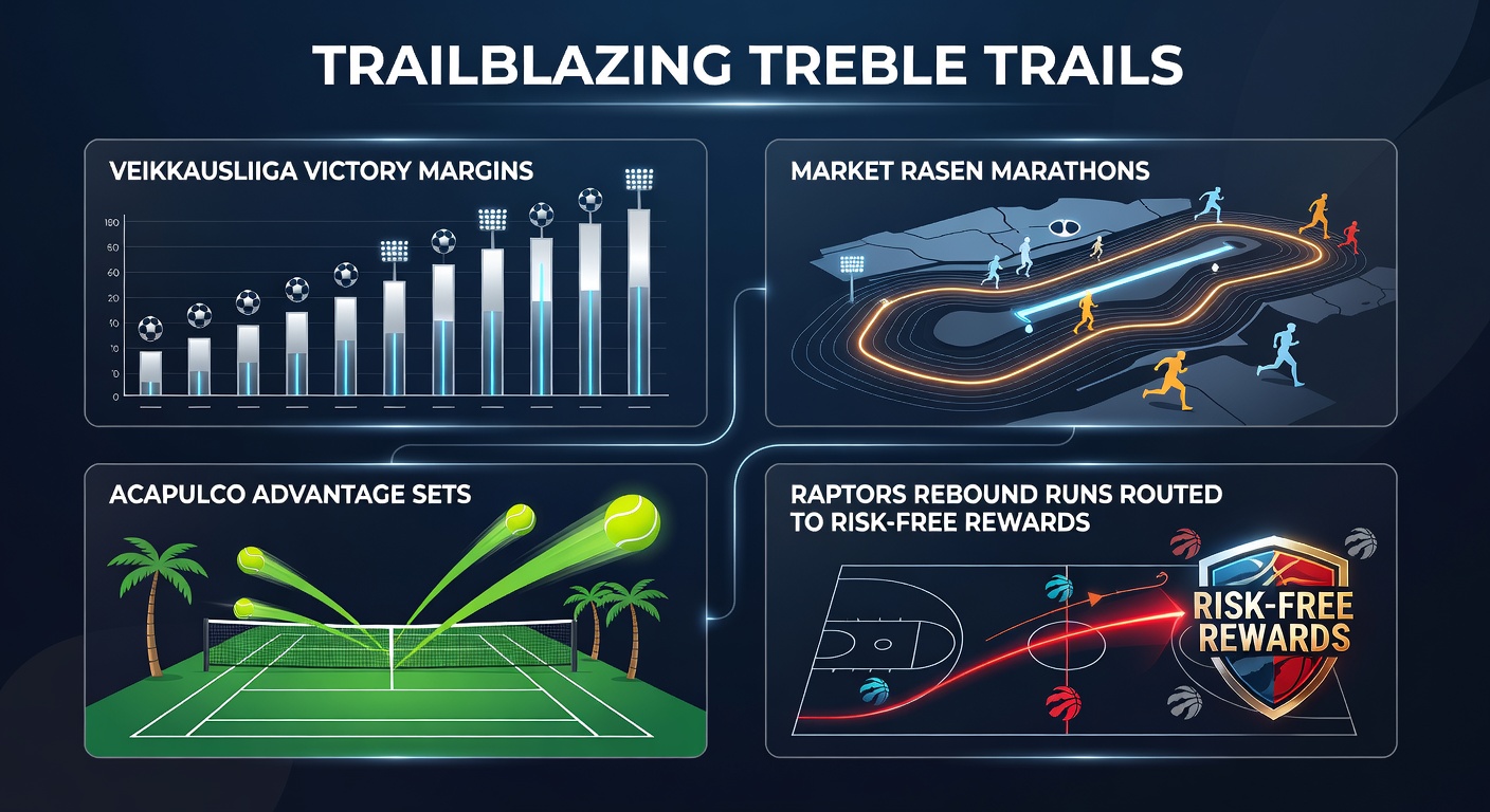 Collage of Veikkausliiga match action, Market Rasen racecourse finish line, Acapulco tennis court under lights, and Toronto Raptors players battling for a rebound
