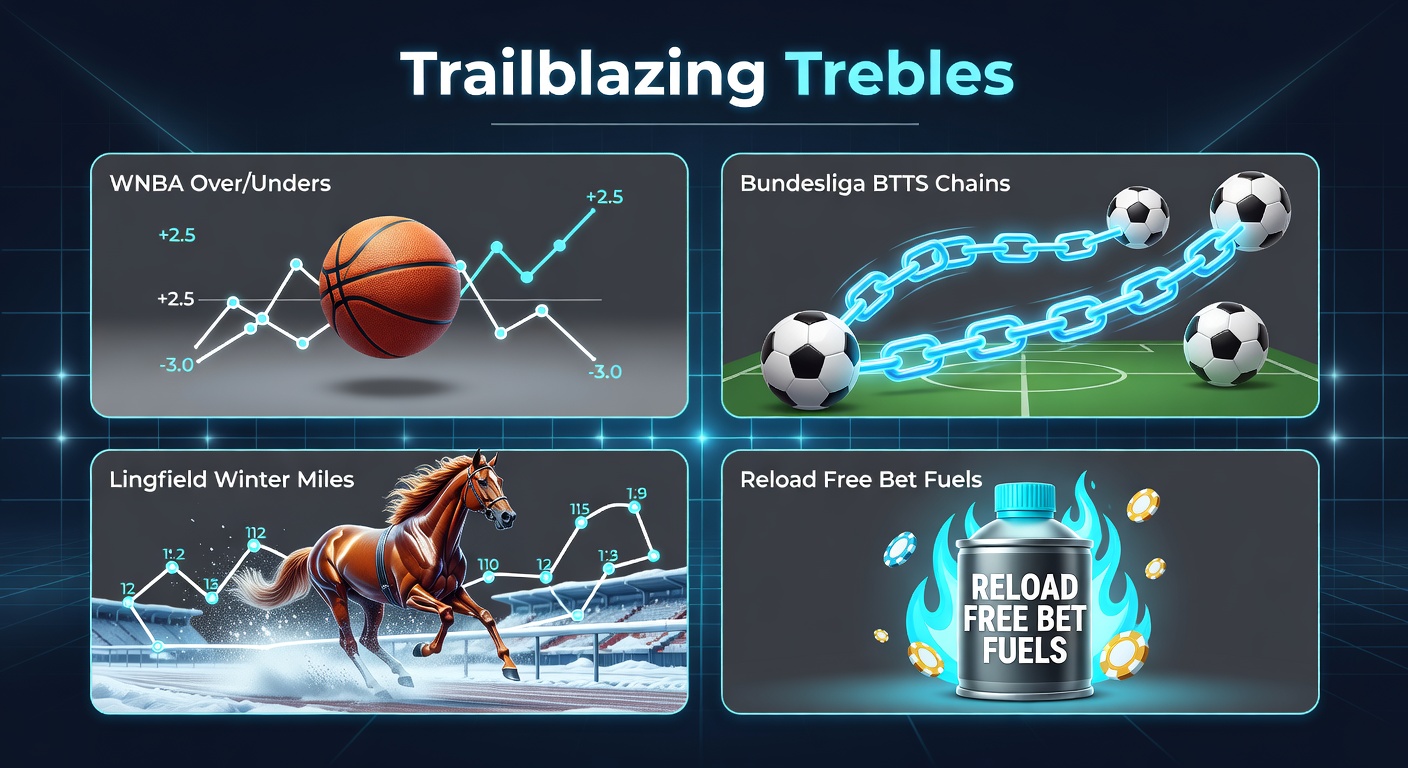 Dynamic collage of WNBA action, Bundesliga goal celebrations, Lingfield racecourse under winter lights, and glowing free bet icons representing betting synergy