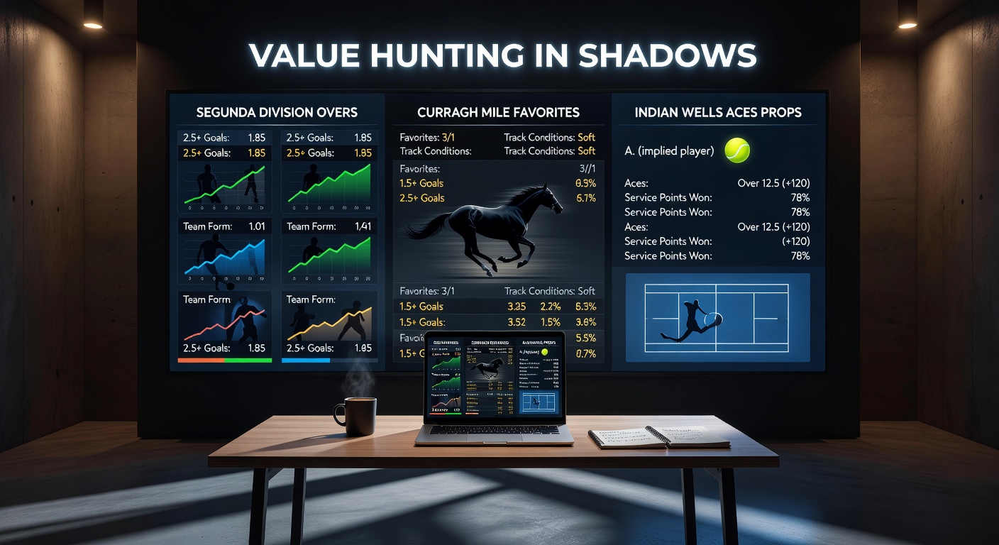 Close-up action shots of a tennis ace serve at Indian Wells, a basketball player grabbing a rebound in Atlantic 10 tournament play, overlaid with Segunda Division goal celebration and Curragh horse mid-stride, highlighting interconnected betting props