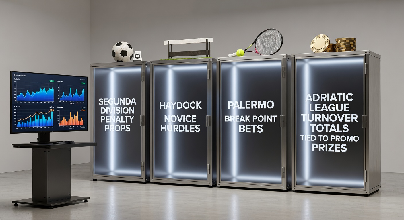 A dynamic split-image showing a soccer penalty kick in Segunda Division action, a horse leaping a hurdle at Haydock, a tennis break point conversion on clay courts, and basketball turnovers in Adriatic League play, all overlaid with subtle promo bet icons