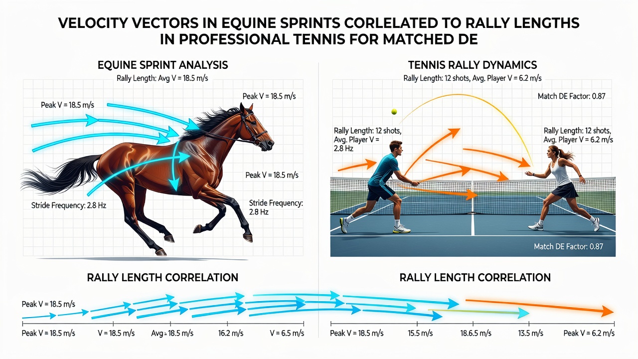 Tennis player movement vectors during extended rally next to equine gait analysis from sprint finish