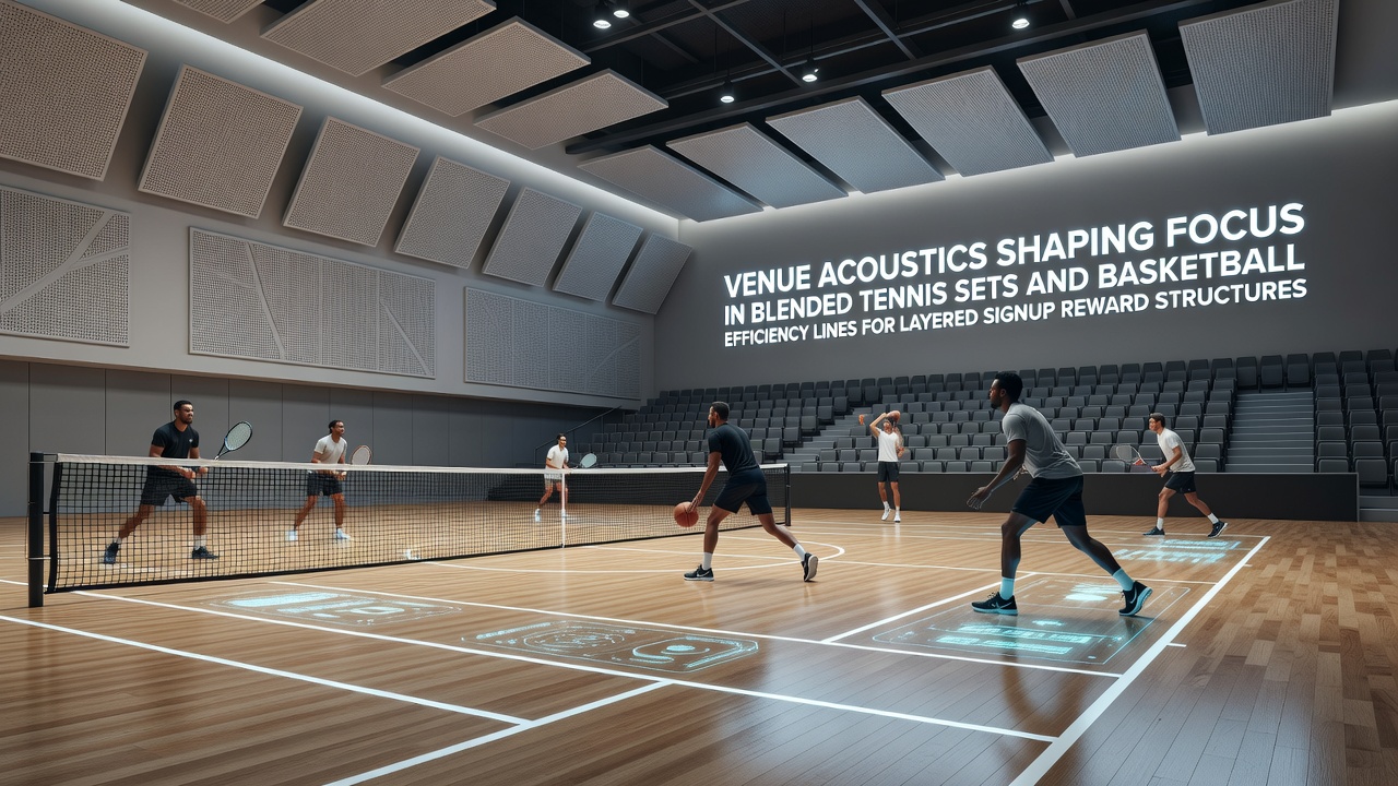 Interior view of a modern tennis arena showing acoustic panels and crowd seating arrangements that influence sound distribution during matches