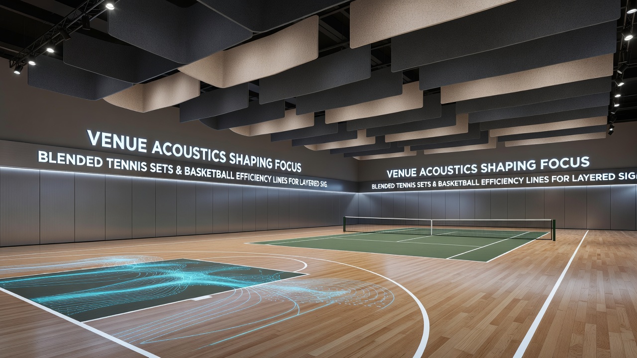 Basketball court with overhead acoustic treatments and measurement equipment positioned to capture sound levels during live games