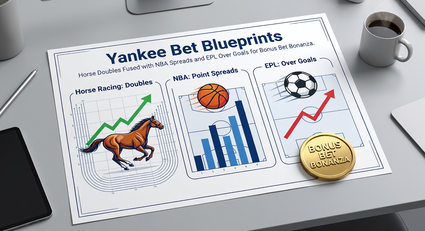 Split graphic showing NBA point spread lines overlaid with EPL goal totals and horse racing double payouts, highlighting fusion bet paths